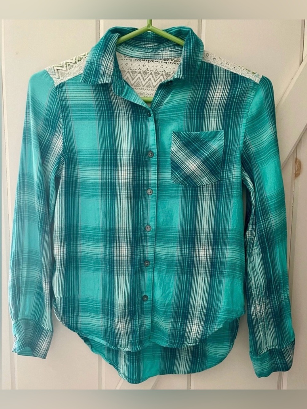 Girls Teal Plaid Button-Up Shirt with Lace Shoulders size 10
